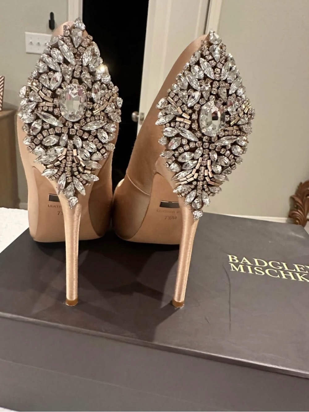 Badgley Mischka Latte Satin Crystal-Embellished Pointed-Heel Pumps
